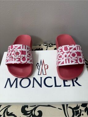 Moncler Pink and White Logo Slide Sandals